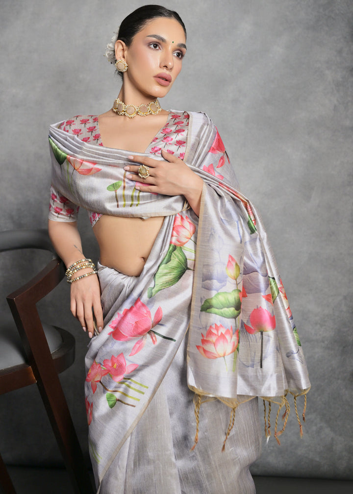 Rhino Grey Floral Printed Soft Tussar Silk Saree