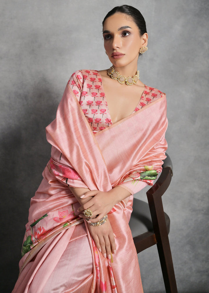 Carmine Pink Floral Printed Soft Tussar Silk Saree