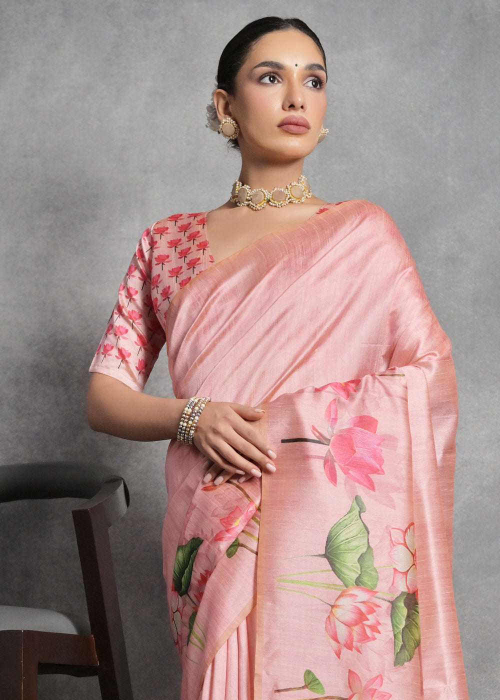 Carmine Pink Floral Printed Soft Tussar Silk Saree