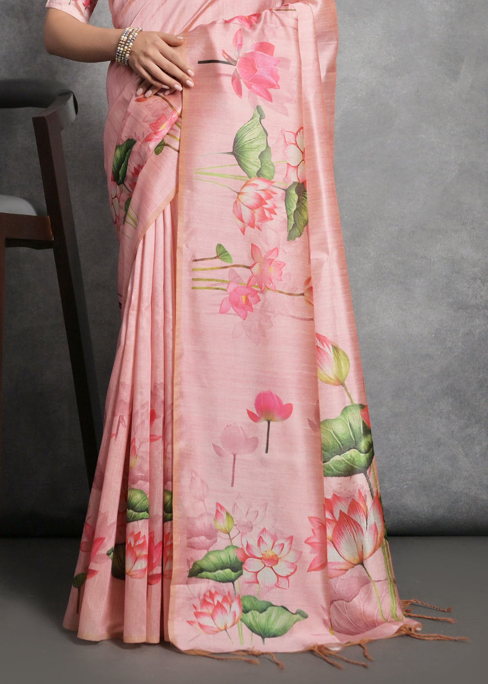 Carmine Pink Floral Printed Soft Tussar Silk Saree