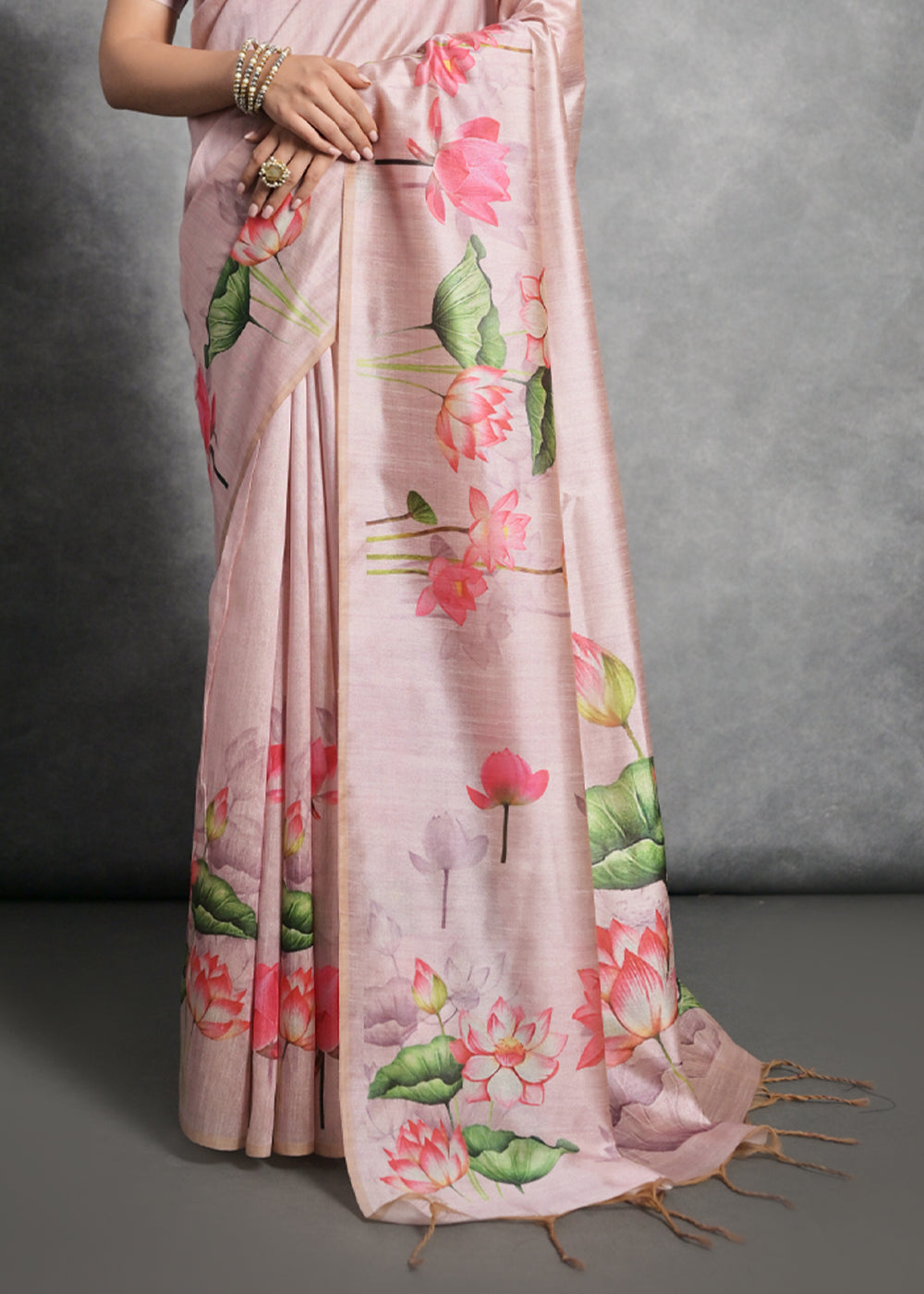 Shell Pink Floral Printed Soft Tussar Silk Saree