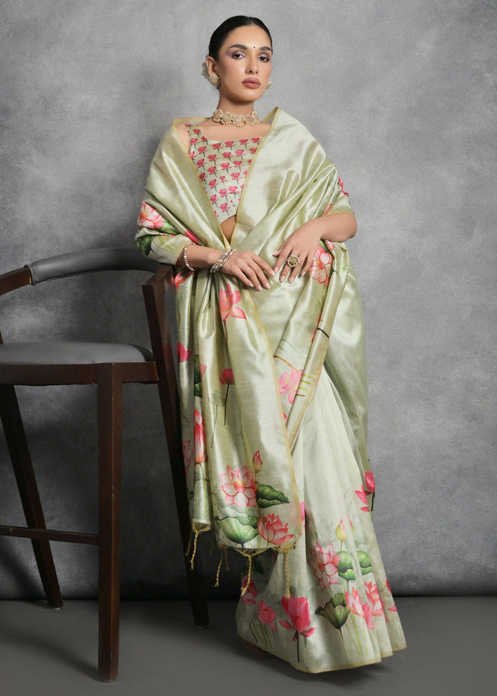 Pastel Green Floral Printed Soft Tussar Silk Saree