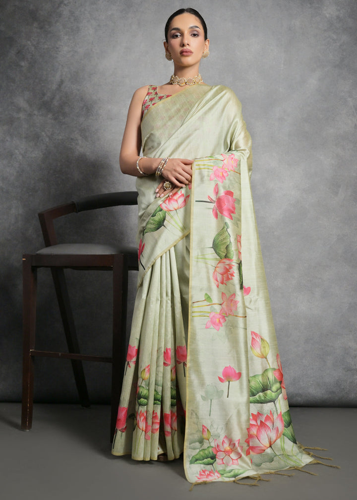 Pastel Green Floral Printed Soft Tussar Silk Saree