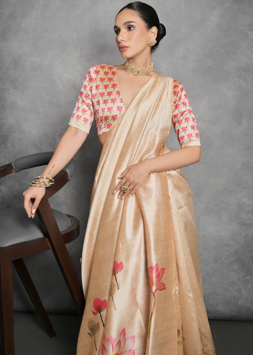 Shades Of Brown Floral Printed Soft Tussar Silk Saree