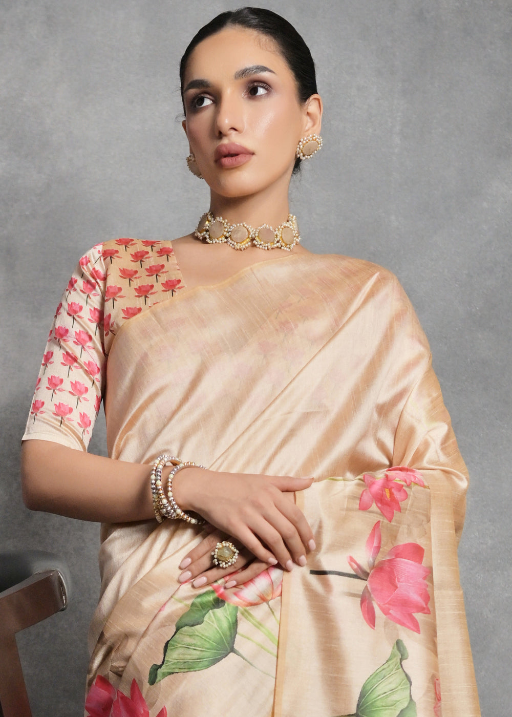 Shades Of Brown Floral Printed Soft Tussar Silk Saree