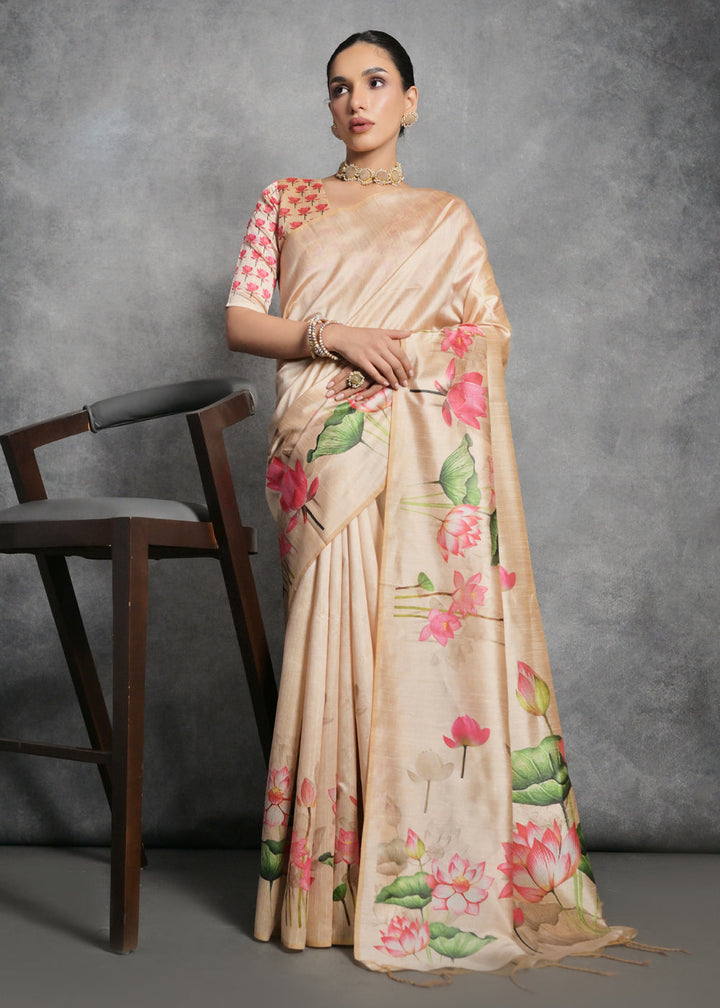 Shades Of Brown Floral Printed Soft Tussar Silk Saree