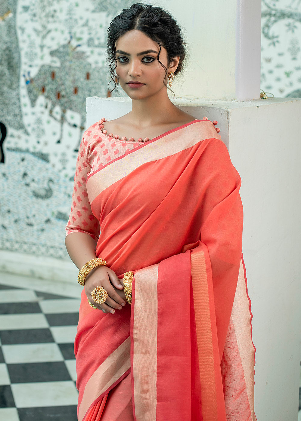 Imperial Red Linen Saree having Zari Woven Stripes