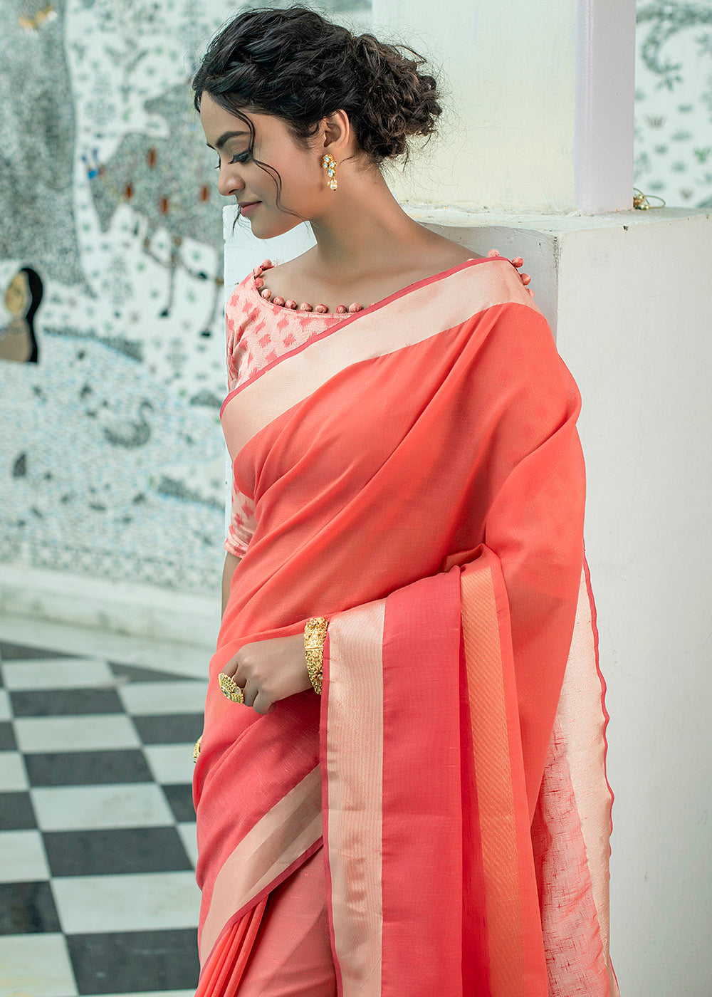 Imperial Red Linen Saree having Zari Woven Stripes