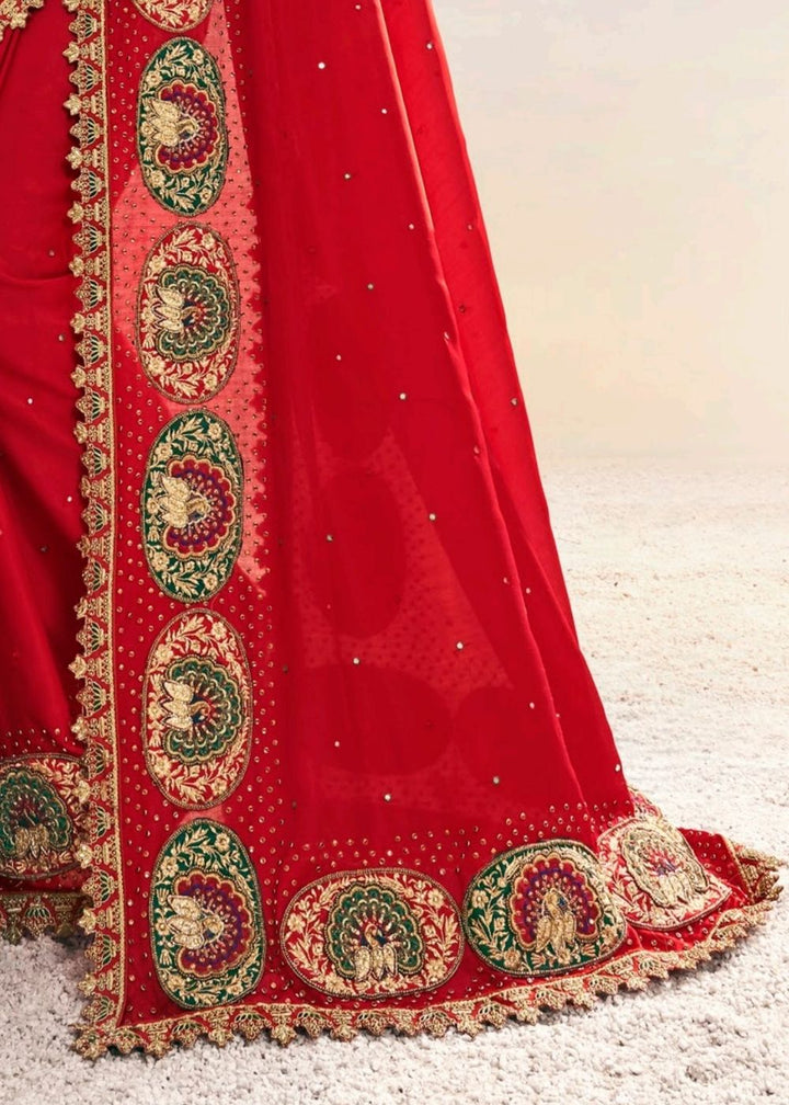 Red Pure Satin Saree with Jari, Moti, Cut-Dana and Crystal work