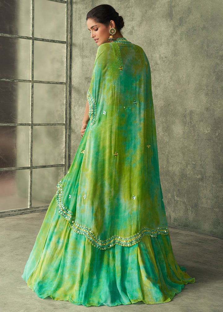 Shades Of Green Silk Embroidered Blouse with Tie Dye Georgette Skirt with Cutdana Embellished Waistline