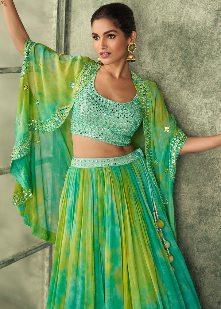 Shades Of Green Silk Embroidered Blouse with Tie Dye Georgette Skirt with Cutdana Embellished Waistline