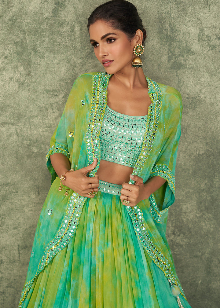 Shades Of Green Silk Embroidered Blouse with Tie Dye Georgette Skirt with Cutdana Embellished Waistline