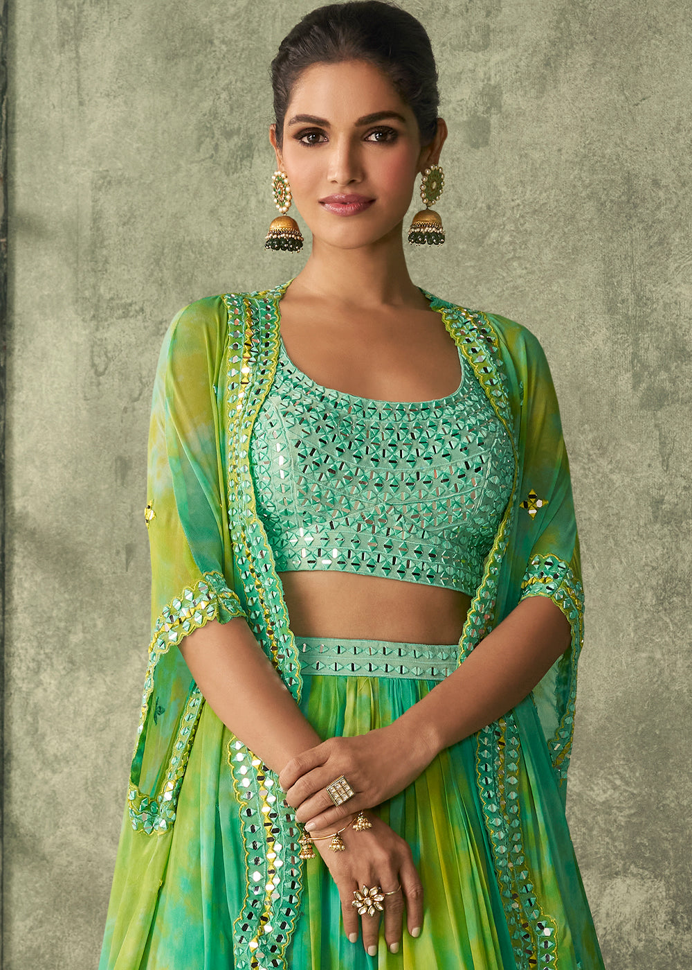 Shades Of Green Silk Embroidered Blouse with Tie Dye Georgette Skirt with Cutdana Embellished Waistline