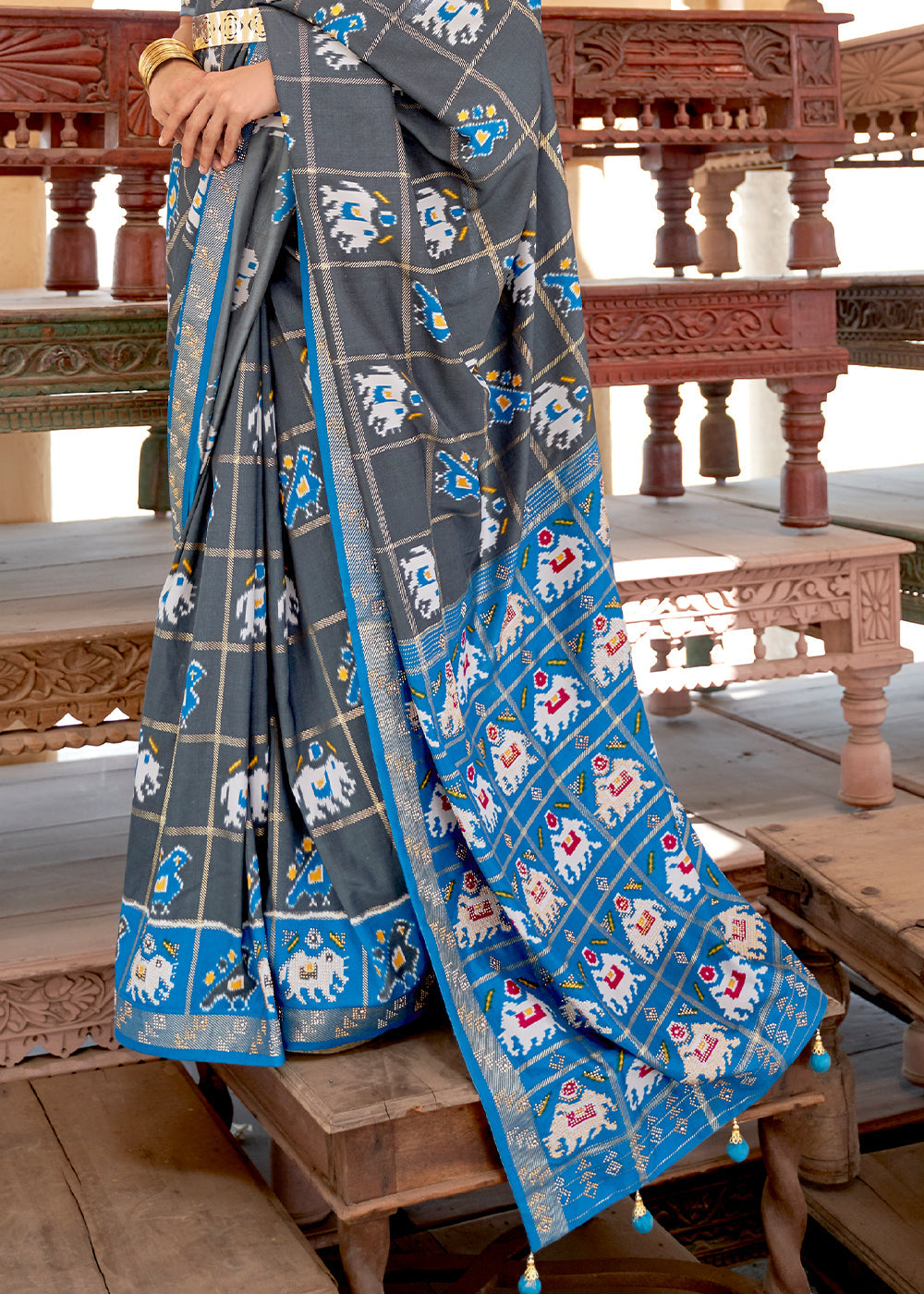 Iron Grey Printed Patola Silk Saree with Zari Border & Tassels on Pallu