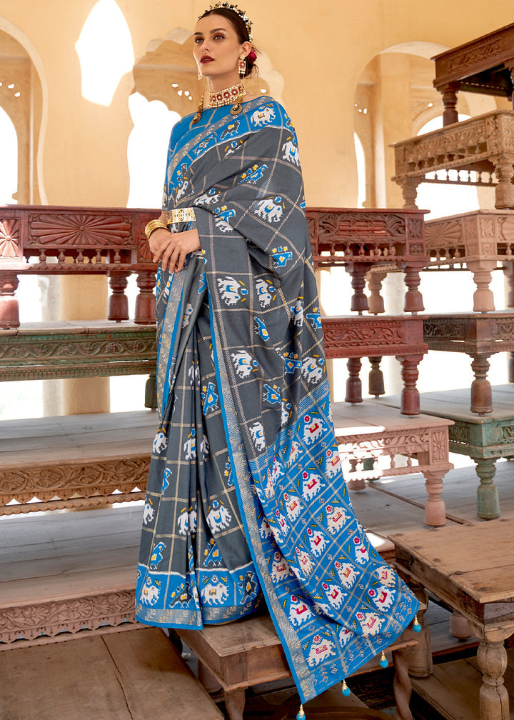 Iron Grey Printed Patola Silk Saree with Zari Border & Tassels on Pallu