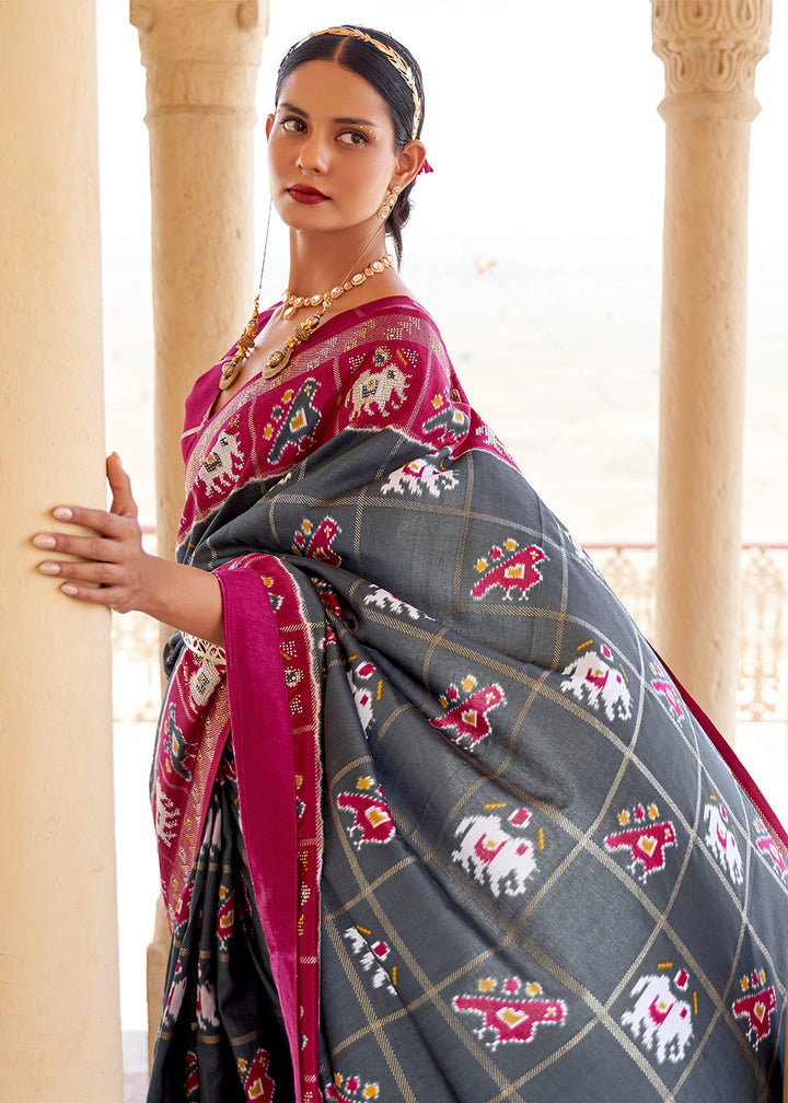 Stormy Grey Printed Patola Silk Saree with Zari Border & Tassels on Pallu