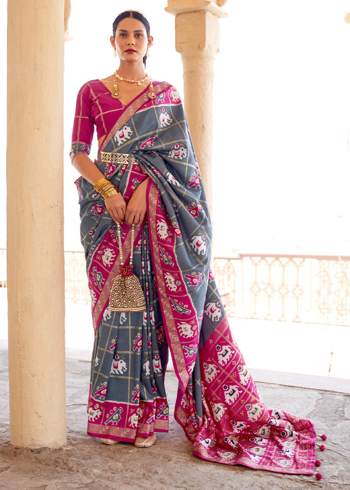 Stormy Grey Printed Patola Silk Saree with Zari Border & Tassels on Pallu