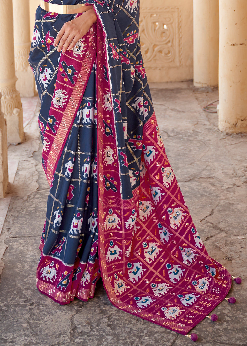 Slate Grey Printed Patola Silk Saree with Zari Border & Tassels on Pallu