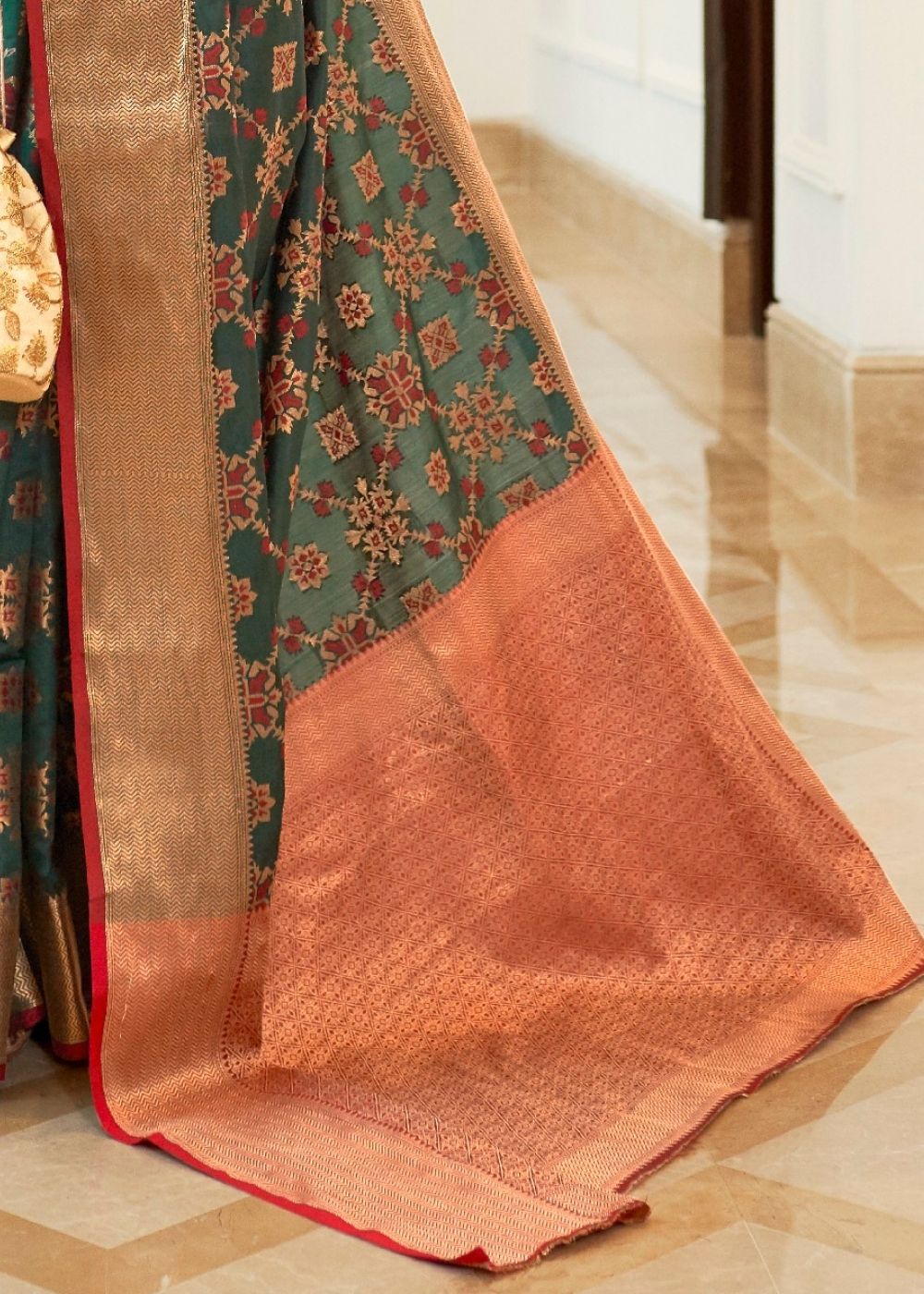 Dark Green Patola Silk Saree with Golden Border