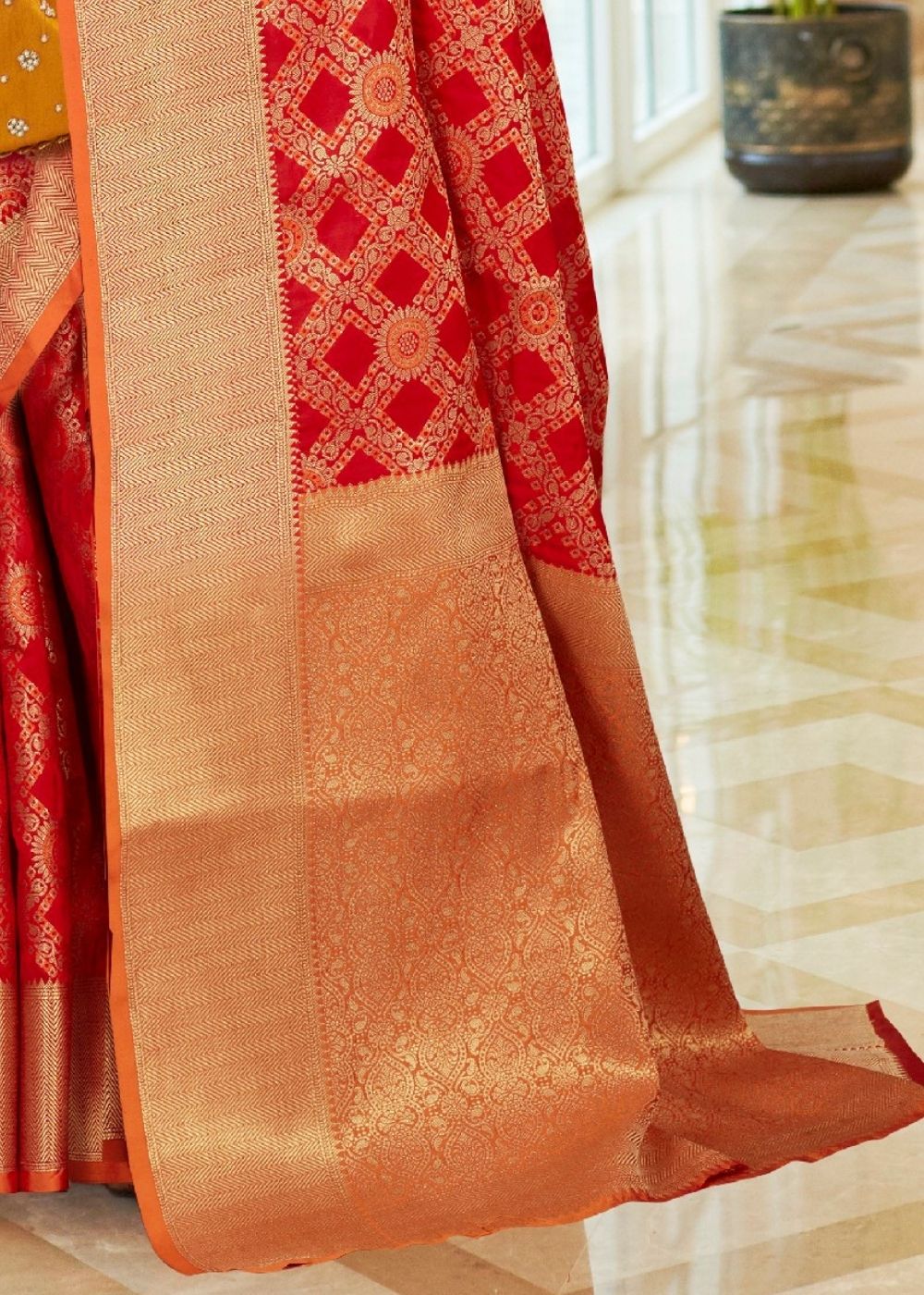 Red Patola Silk Saree with Golden Border