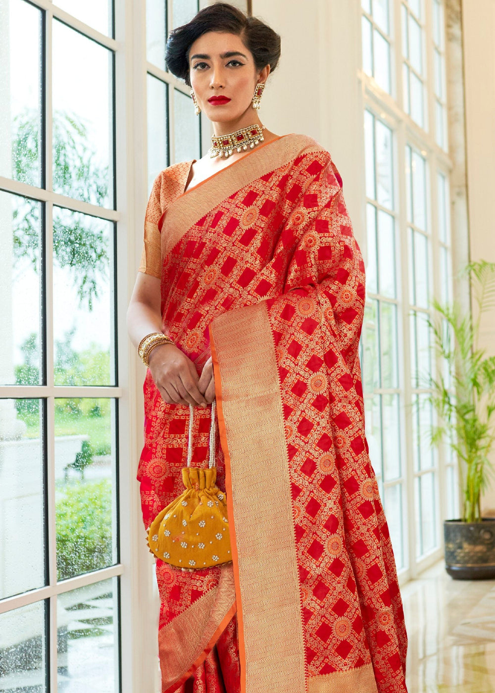 Red Patola Silk Saree with Golden Border