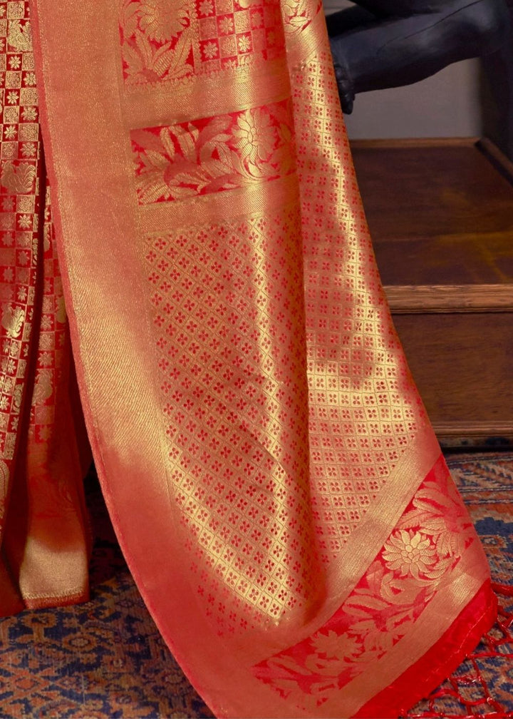 Tomato Red and Golden Blend Kanjivaram Soft Woven Silk Saree