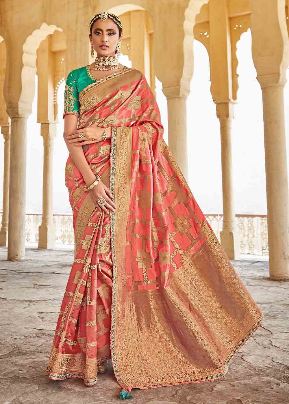 Rouge Pink Woven Banarasi Silk Saree with Embroidered Blouse