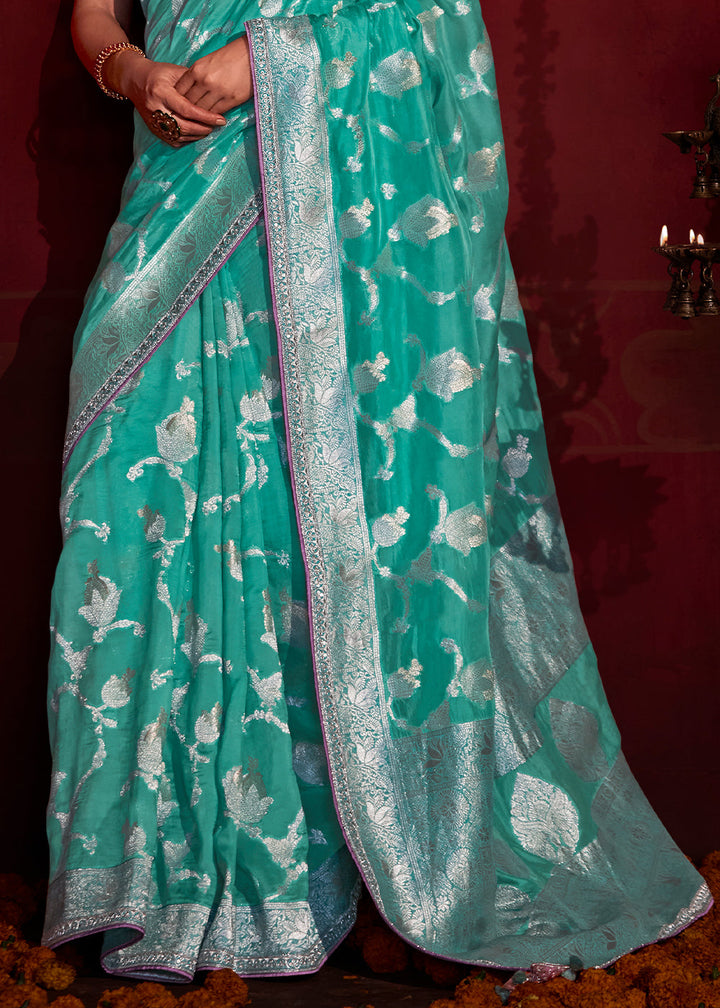 Turquoise Blue Zari Woven Khadi Silk Saree with Contrast Blouse