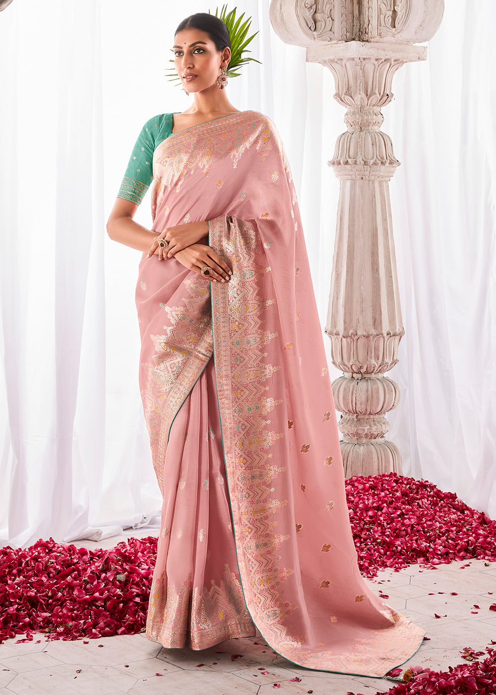 Crepe Pink Kora Silk Saree with Meenakari Pallu & Designer Blouse