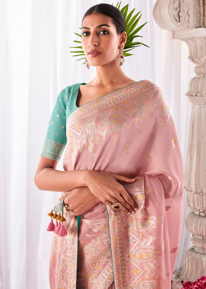 Crepe Pink Kora Silk Saree with Meenakari Pallu & Designer Blouse