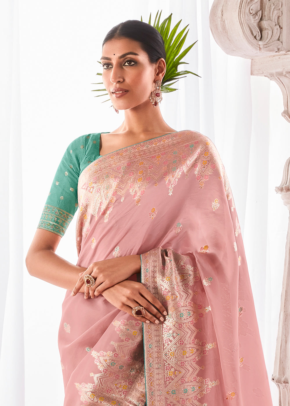 Crepe Pink Kora Silk Saree with Meenakari Pallu & Designer Blouse