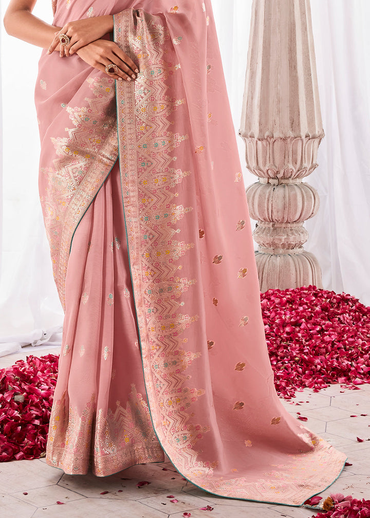 Crepe Pink Kora Silk Saree with Meenakari Pallu & Designer Blouse