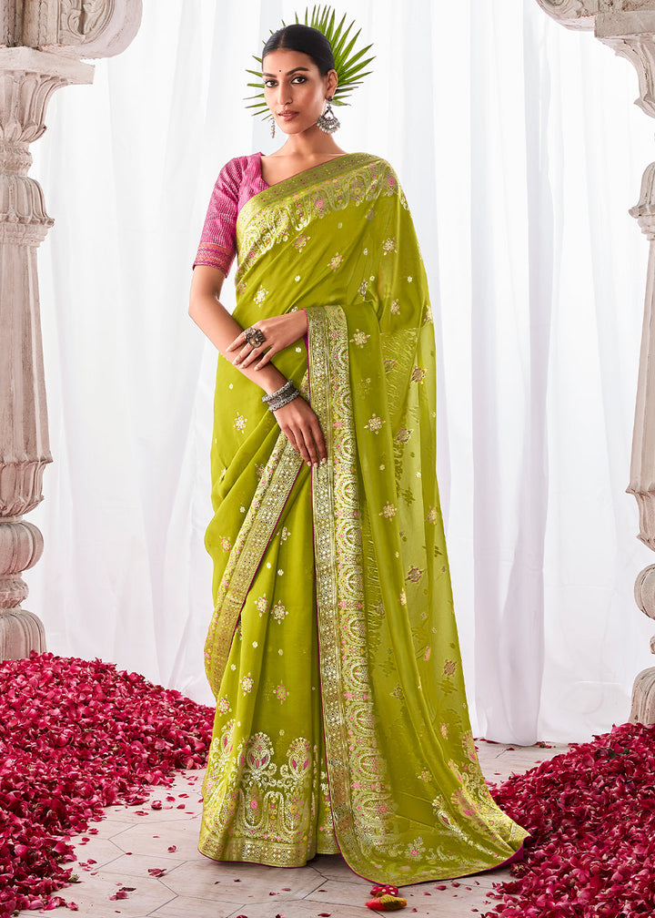 Avocado Green Kora Silk Saree with Meenakari Pallu & Designer Blouse