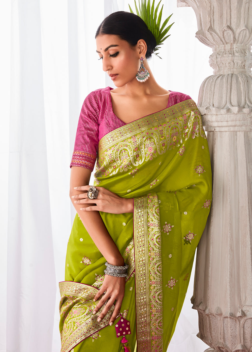 Avocado Green Kora Silk Saree with Meenakari Pallu & Designer Blouse