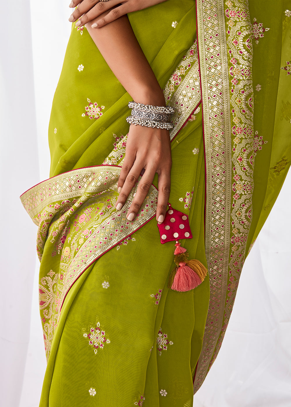 Avocado Green Kora Silk Saree with Meenakari Pallu & Designer Blouse