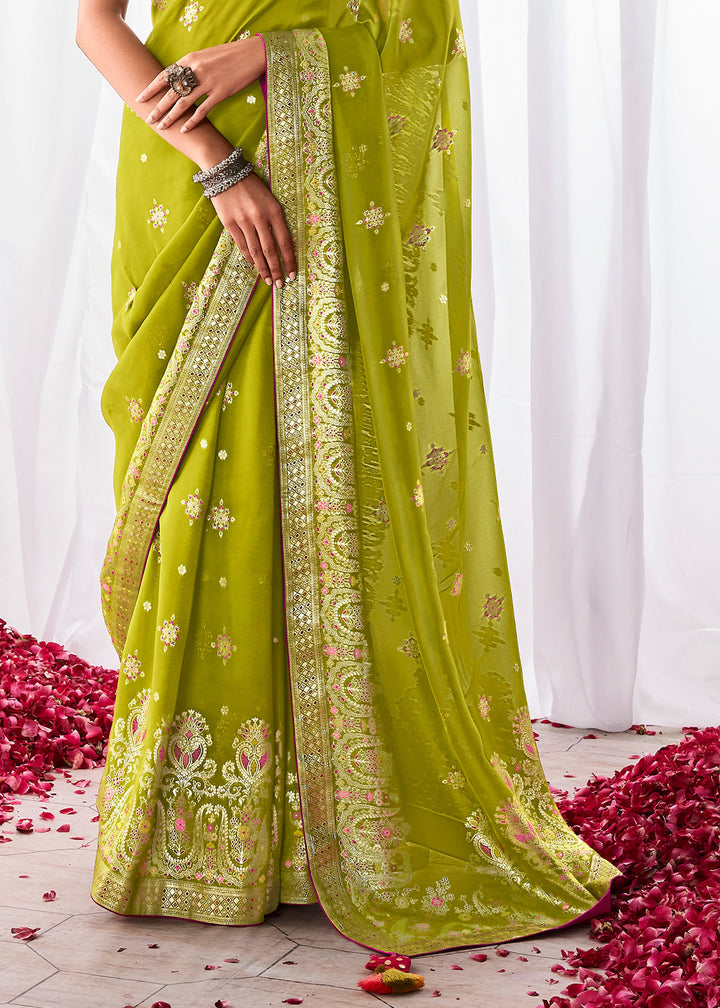 Avocado Green Kora Silk Saree with Meenakari Pallu & Designer Blouse