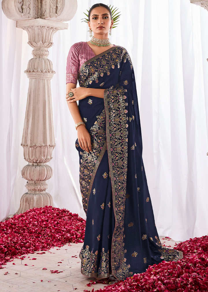 Berry Blue Kora Silk Saree with Meenakari Pallu & Designer Blouse