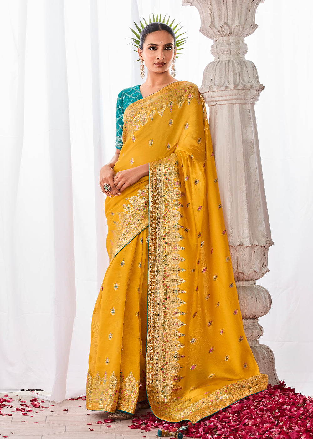 Saffron Yellow Kora Silk Saree with Meenakari Pallu & Designer Blouse