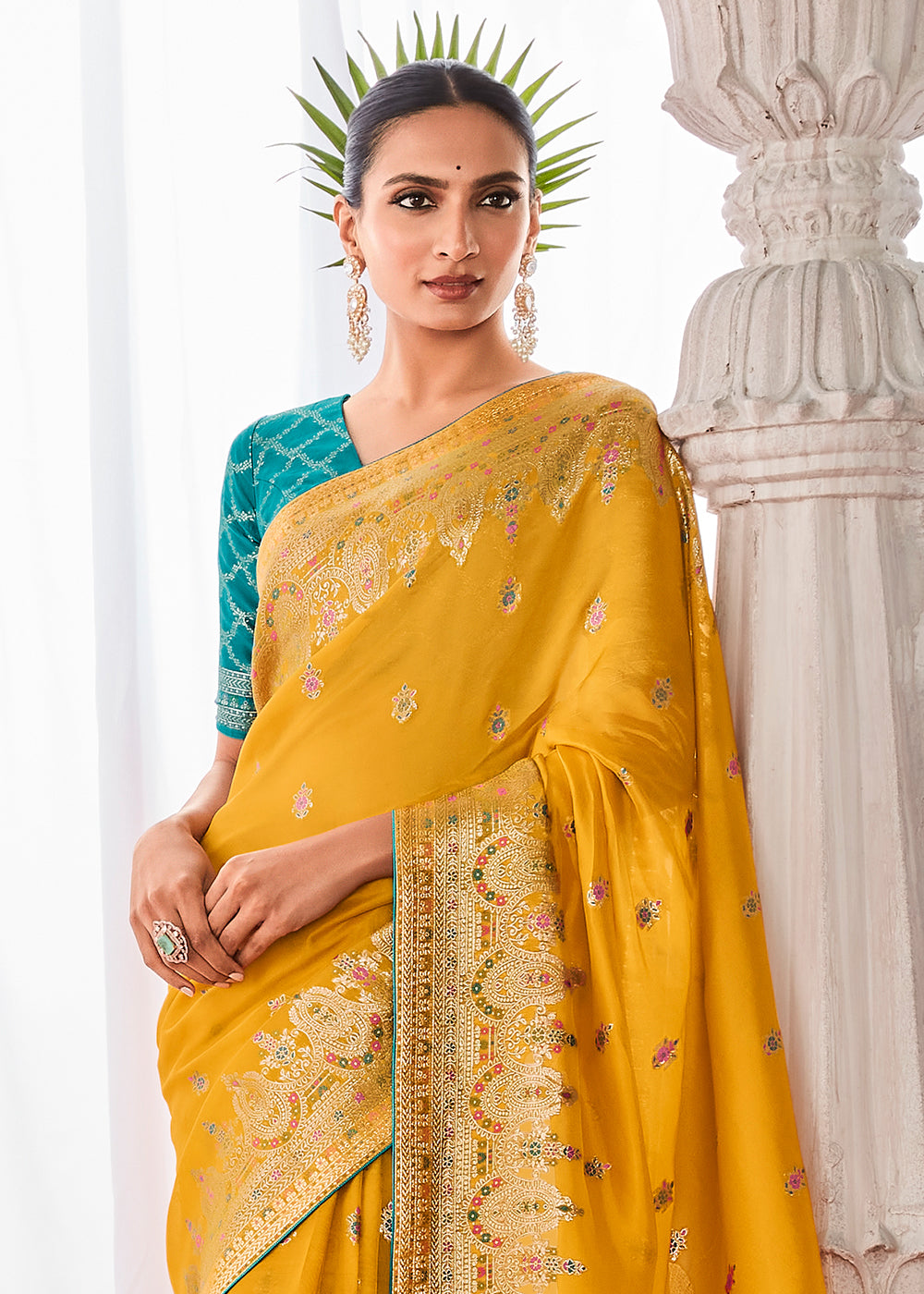 Saffron Yellow Kora Silk Saree with Meenakari Pallu & Designer Blouse