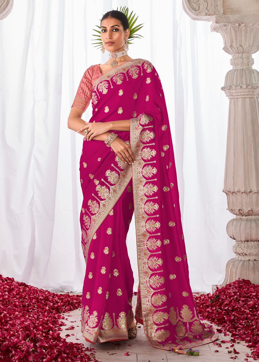 Magenta Pink Kora Silk Saree with Meenakari Pallu & Designer Blouse