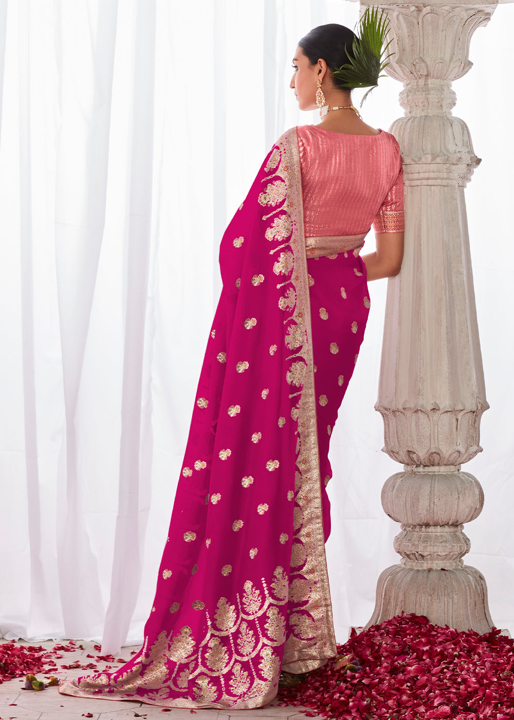 Magenta Pink Kora Silk Saree with Meenakari Pallu & Designer Blouse