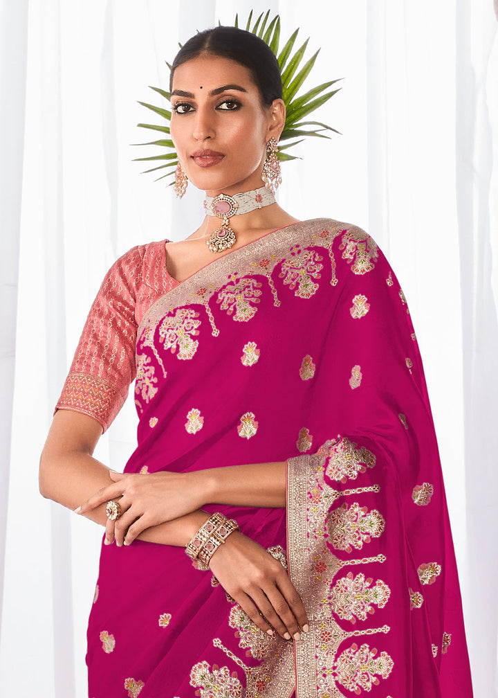 Magenta Pink Kora Silk Saree with Meenakari Pallu & Designer Blouse