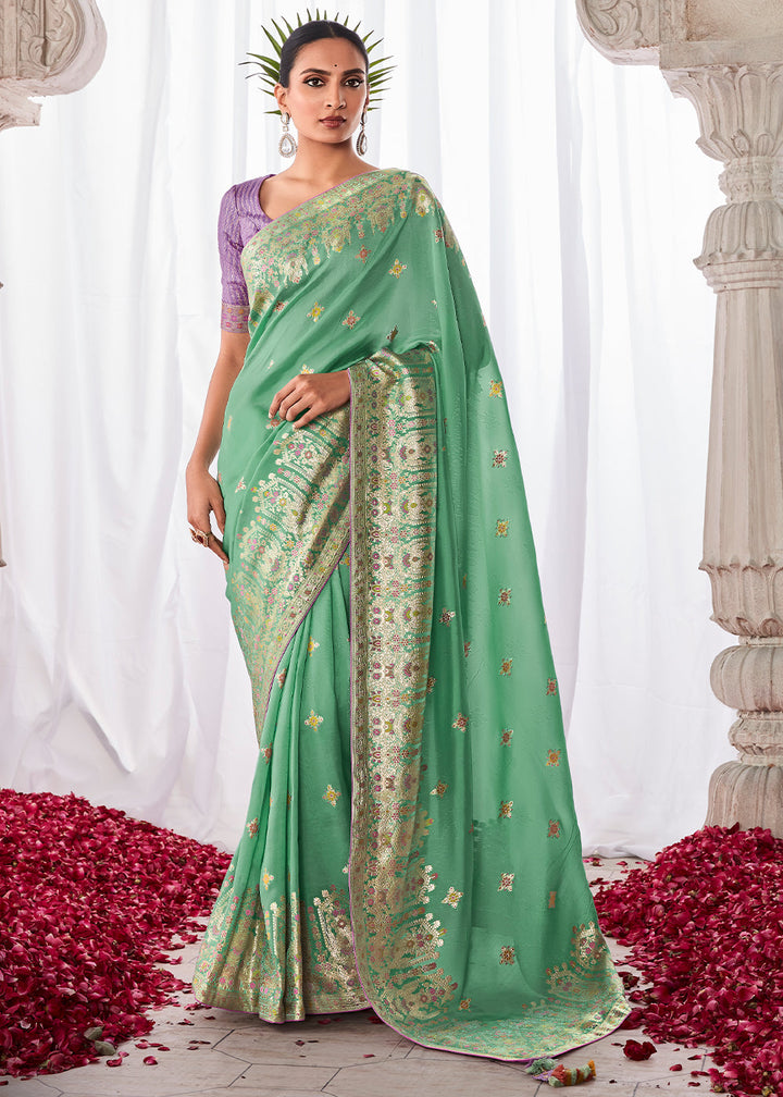 Jungle Green Kora Silk Saree with Meenakari Pallu & Designer Blouse