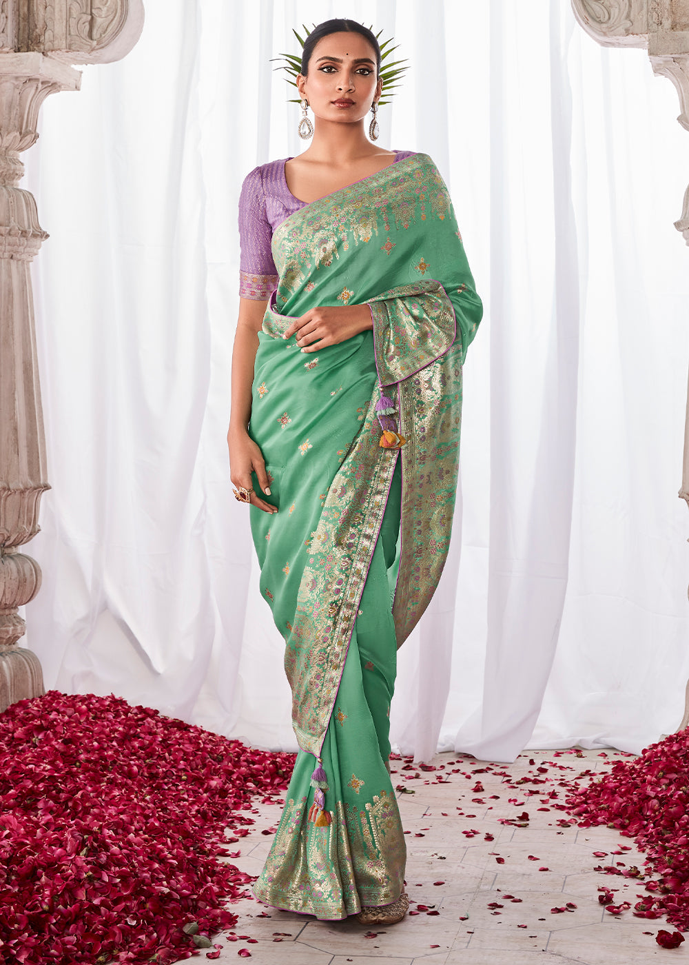 Jungle Green Kora Silk Saree with Meenakari Pallu & Designer Blouse