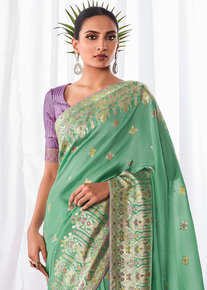 Jungle Green Kora Silk Saree with Meenakari Pallu & Designer Blouse