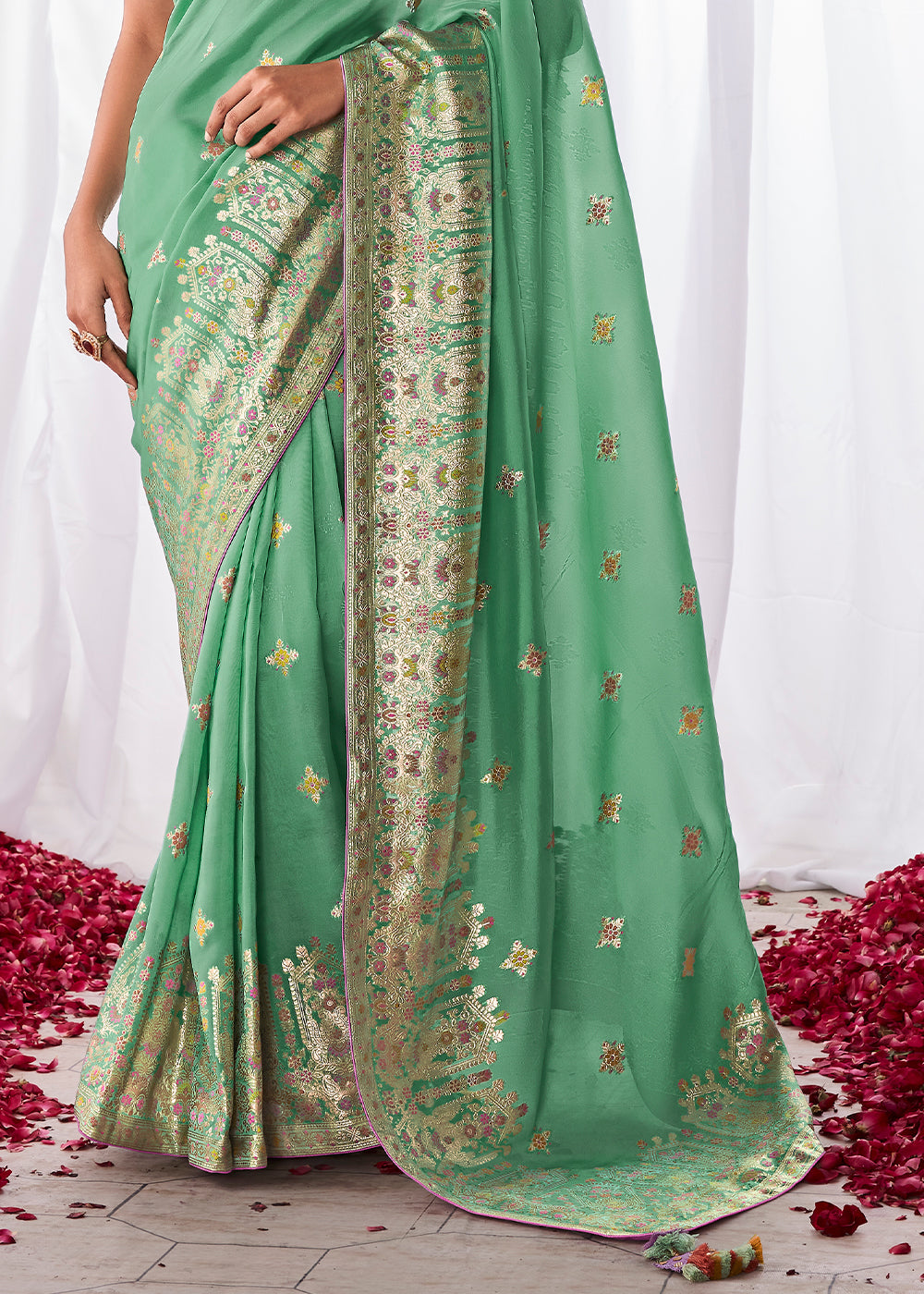 Jungle Green Kora Silk Saree with Meenakari Pallu & Designer Blouse