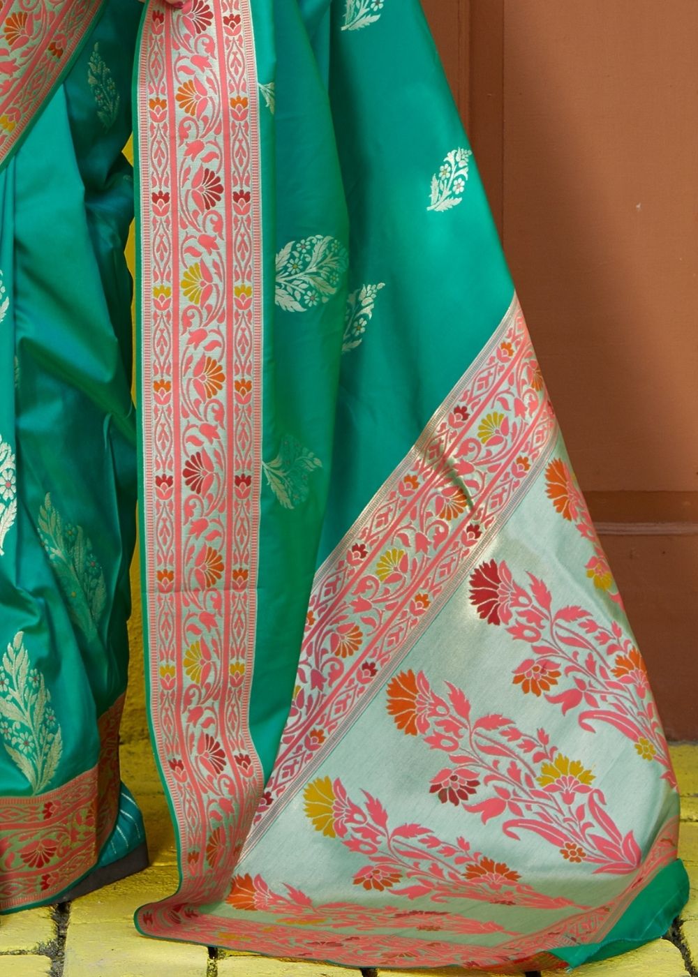 Teal Green Silk Saree with Floral Zari Border and Silver Buti Design