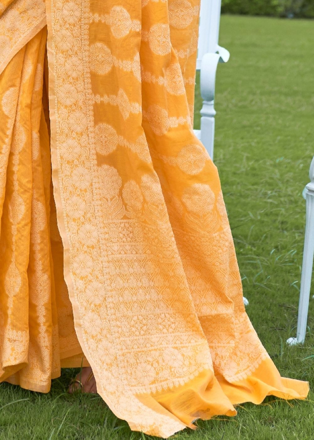 Amber Yellow Lucknowi Chikankari Weaving Silk Saree