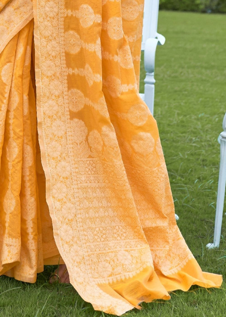 Amber Yellow Lucknowi Chikankari Weaving Silk Saree