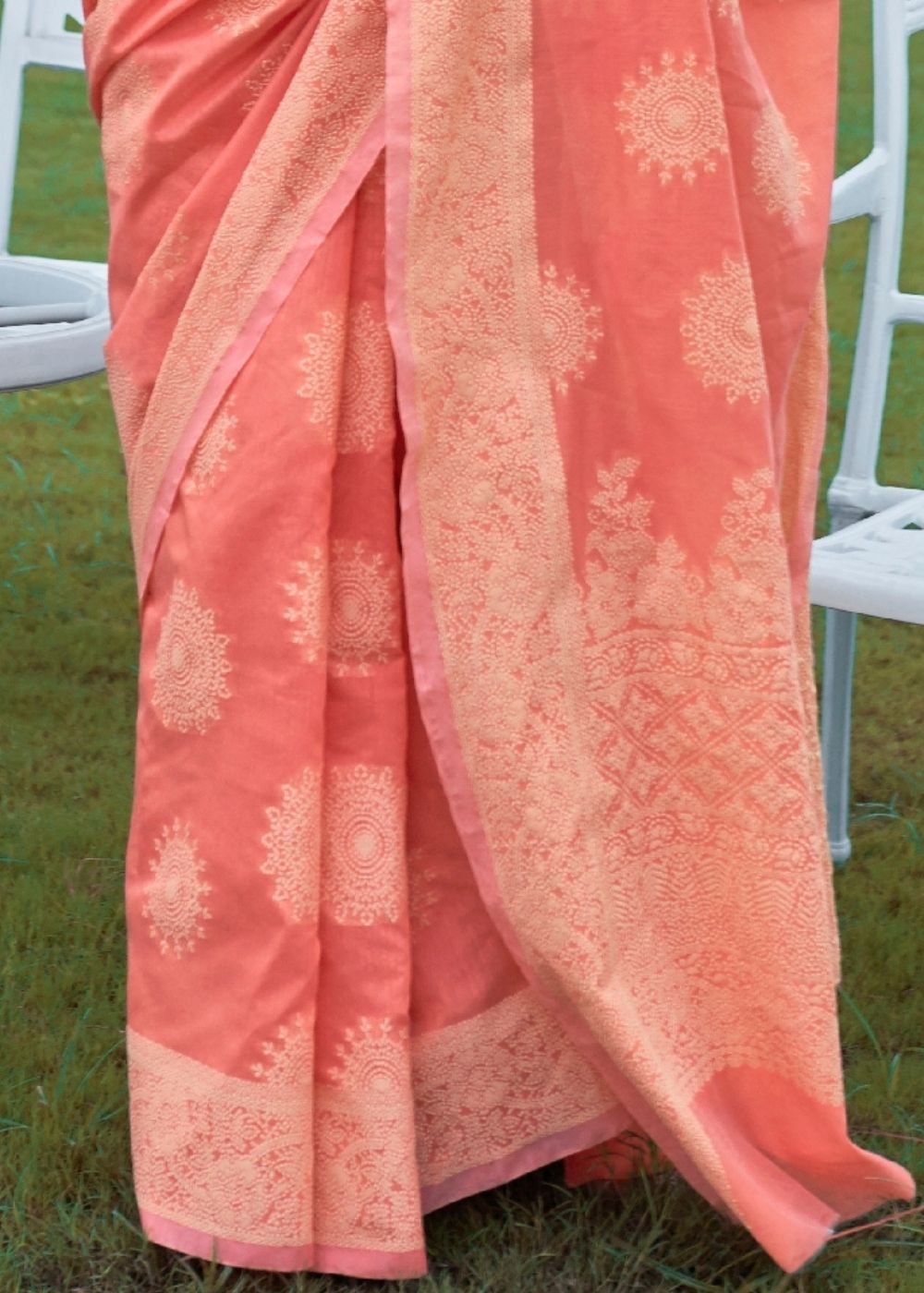 Salmon Orange Lucknowi Chikankari Weaving Silk Saree